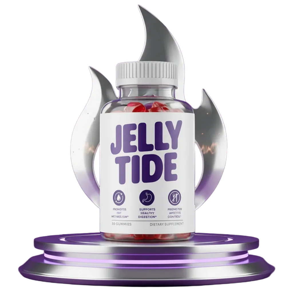 Official bottle of Jelly Tide Gummies for weight loss and appetite control, placed next to fresh red apples representing the ACV ingredient.